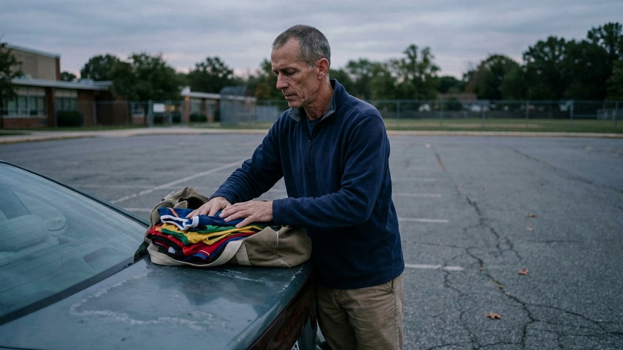Man folding team jerseys into a bag in a school lot