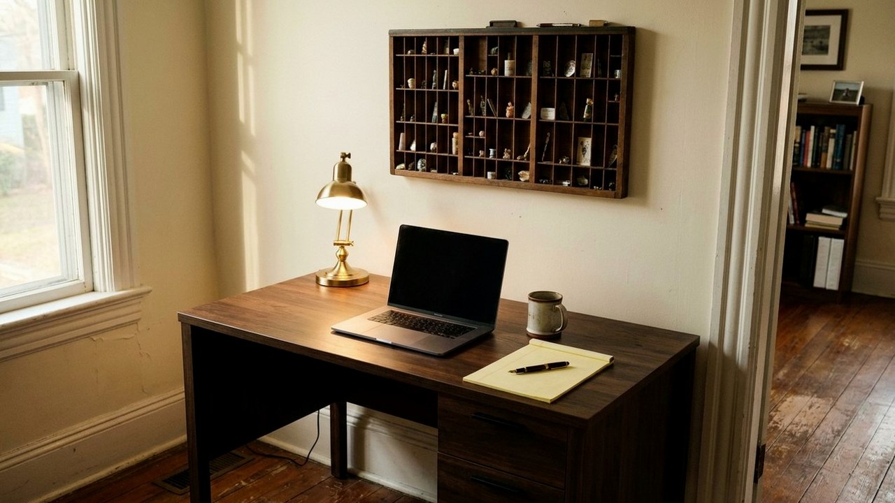 Quiet home office desk with lamp, legal pad and type tray