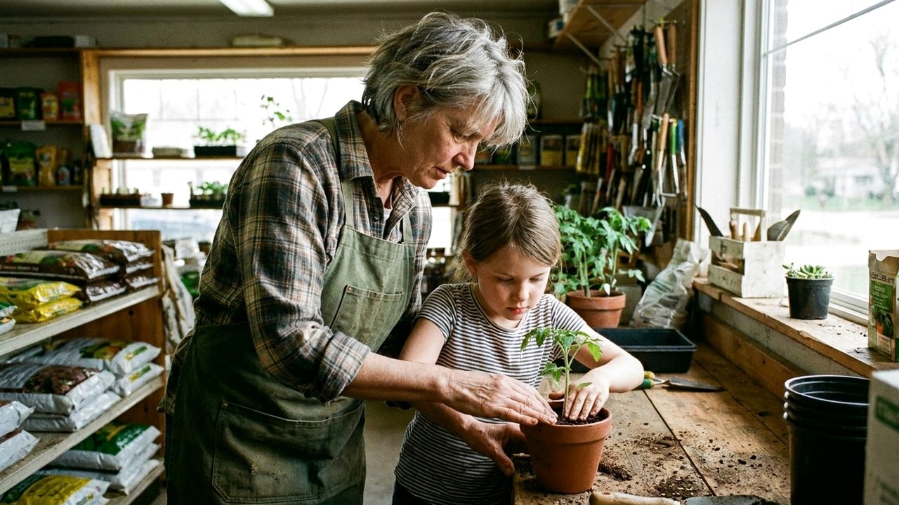 Grandmother and granddaughter potting a seedling in a garden-supply shop