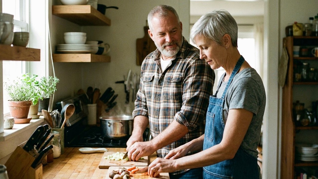 Two friends in their fifties chopping vegetables in a sunny kitchen