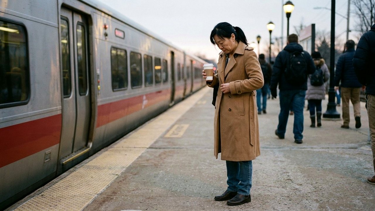 Woman alone on a train platform at dusk, buttoning her coat
