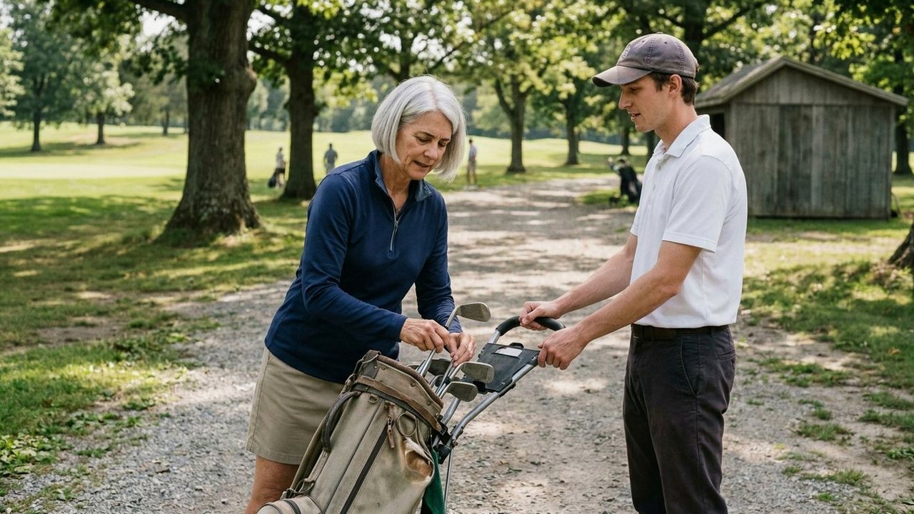 Business owner slides iron into golf bag beside younger colleague