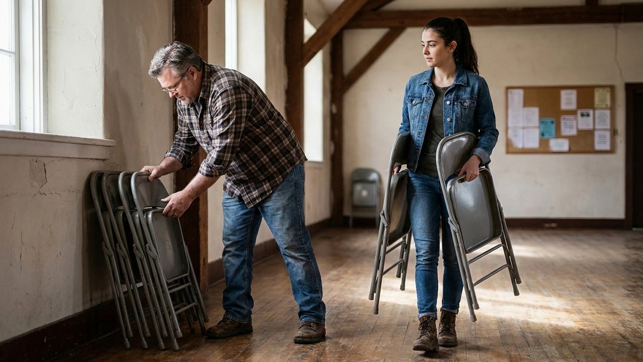 Father and adult daughter stacking folding chairs in a community hall