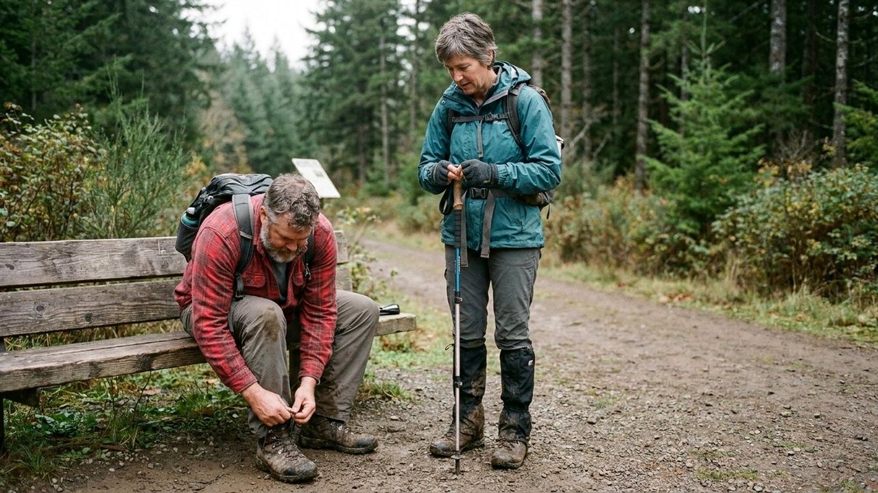 Two friends in their fifties preparing gear at a trailhead