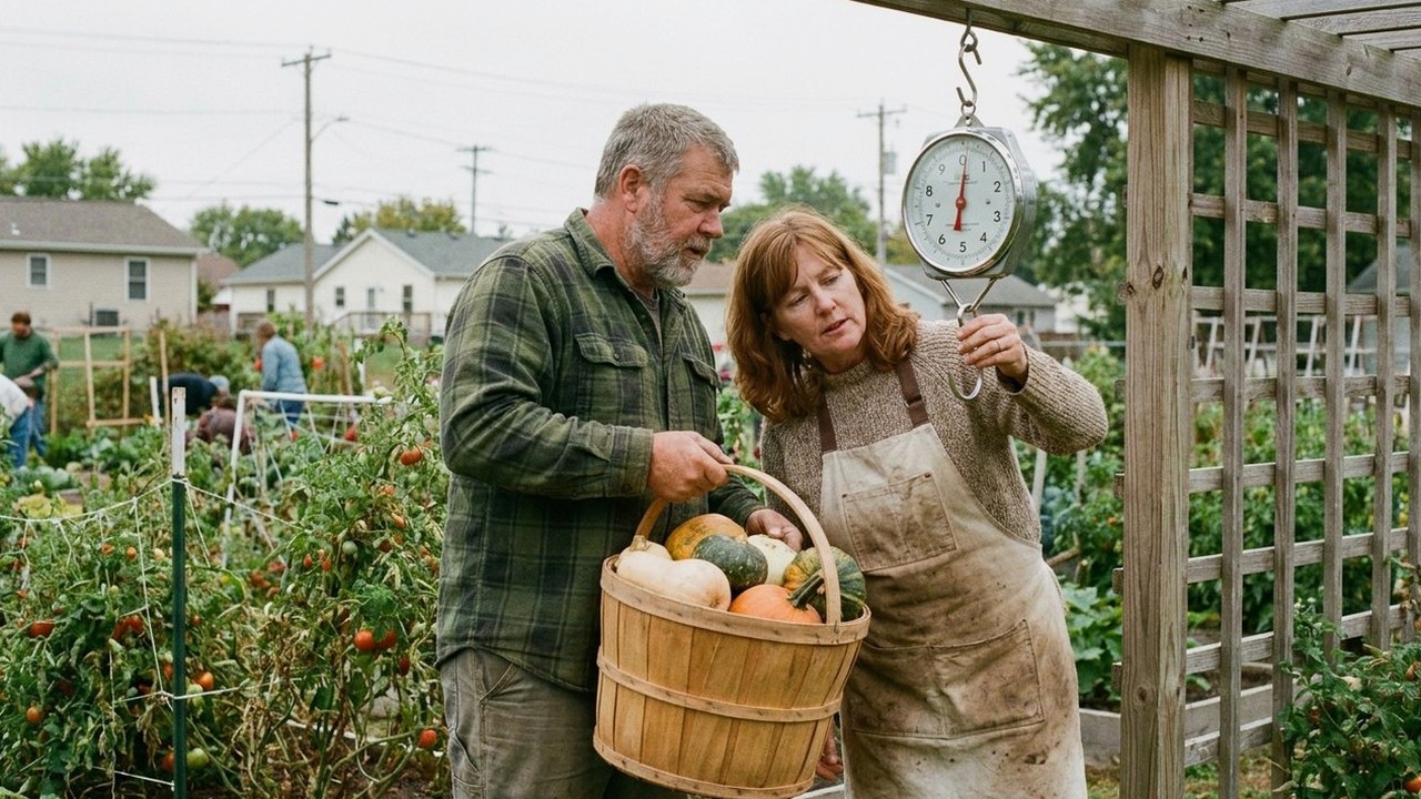 Couple in their fifties weighing squash on a community garden scale