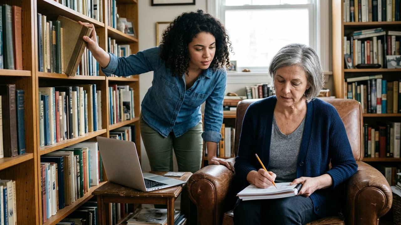 Mother and adult daughter reading in a home library corner