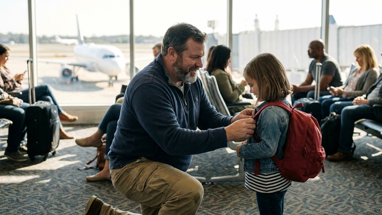 Grandfather adjusting granddaughter's backpack straps at airport gate