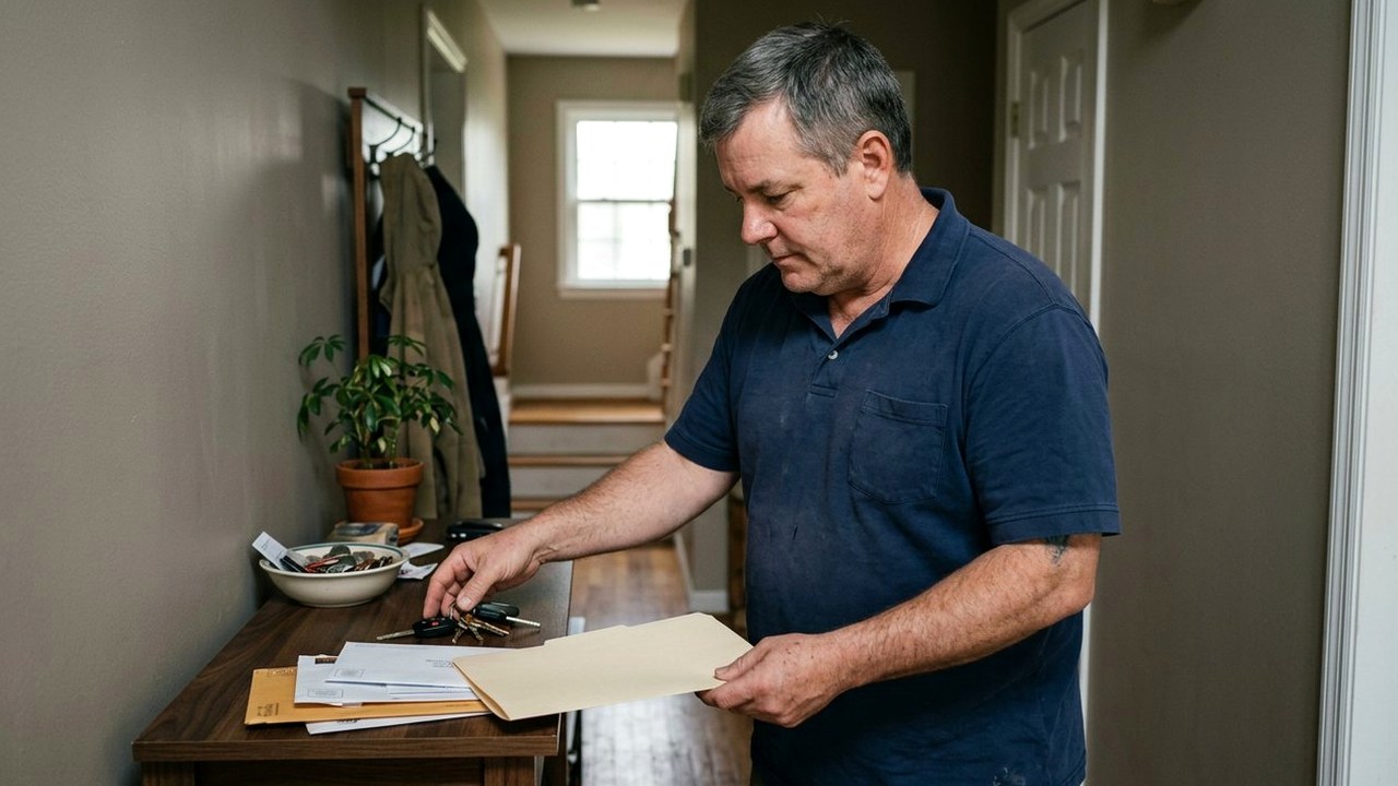 Man in navy polo sorting mail and a folder in hallway