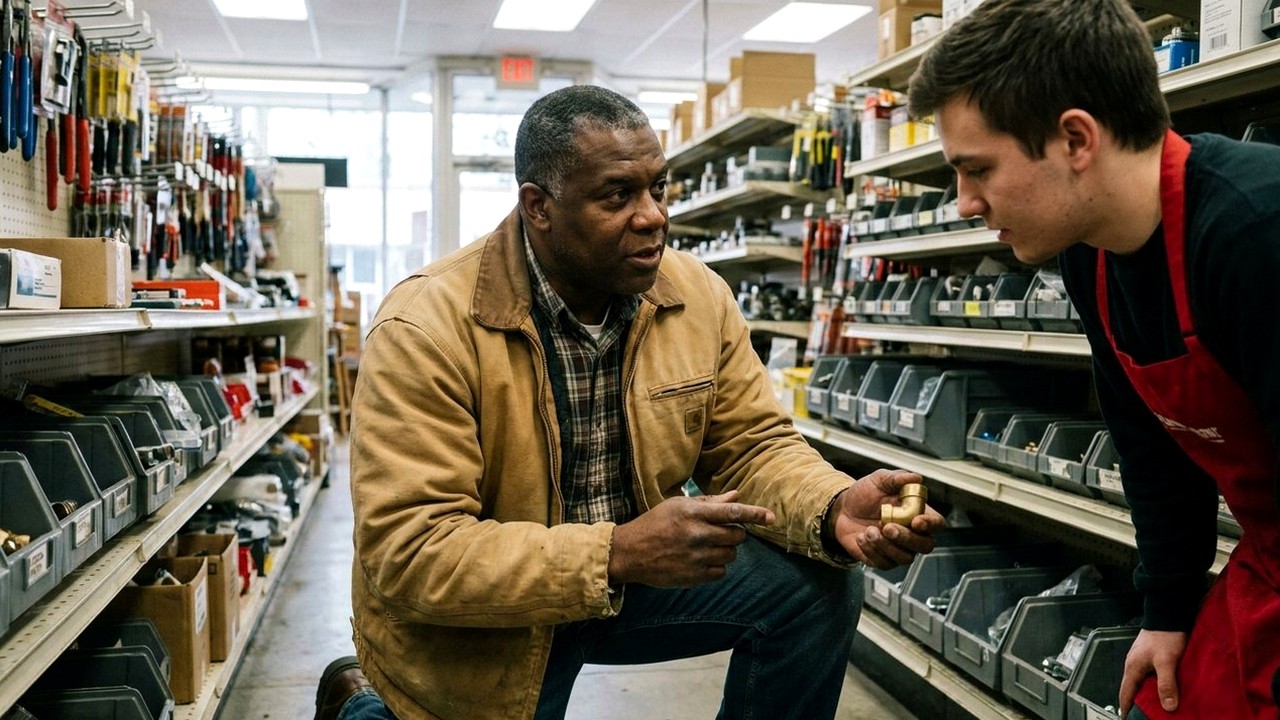 Man in work jacket restocking brass fittings with young employee
