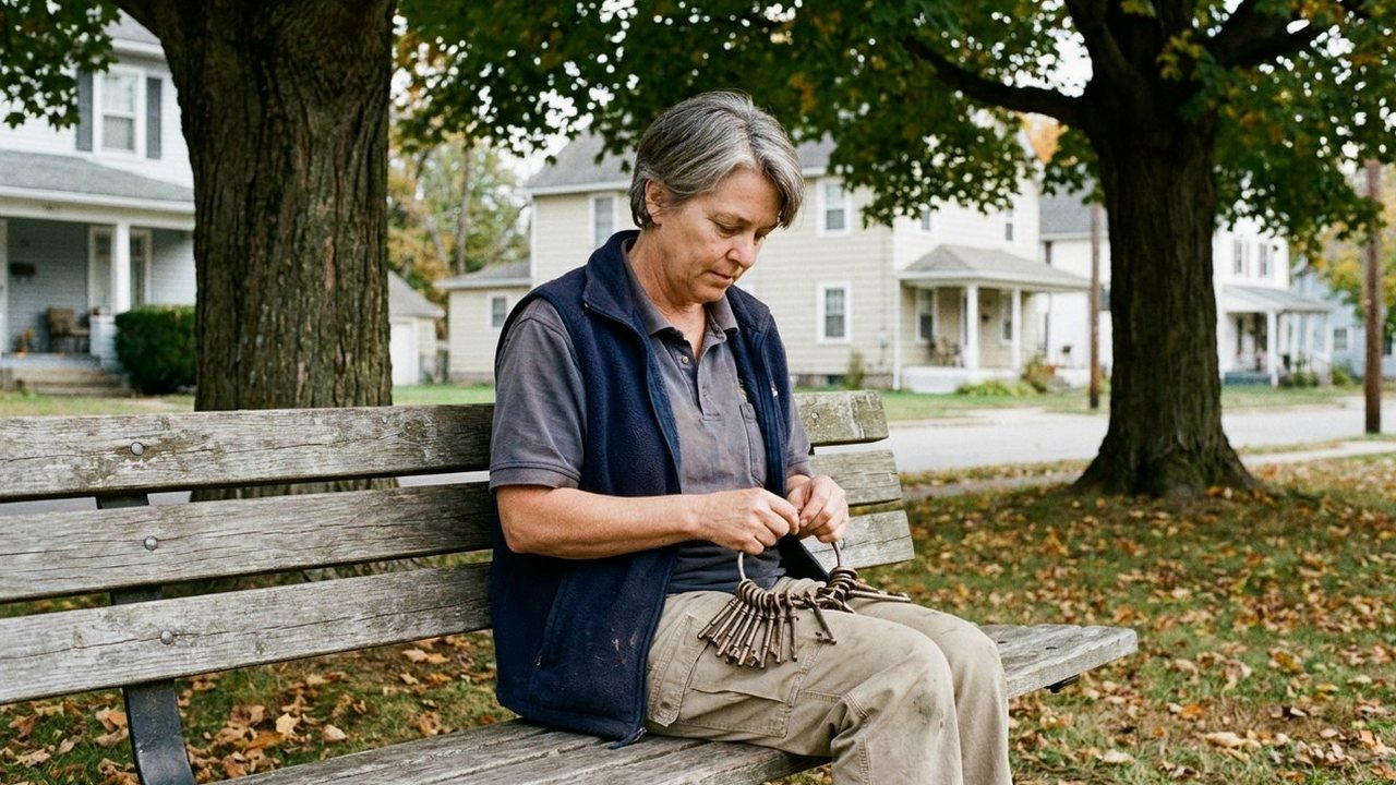 Business owner in her fifties sorting shop keys on park bench