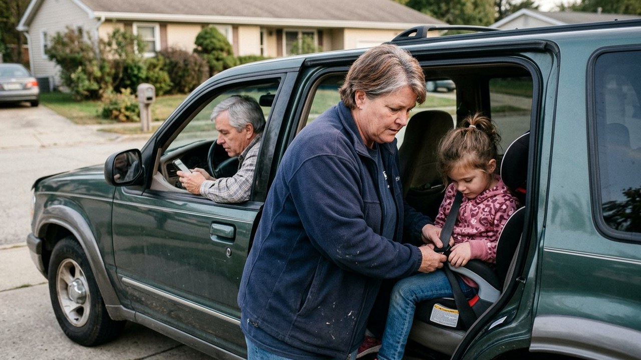Woman buckling her granddaughter into a car seat in a driveway