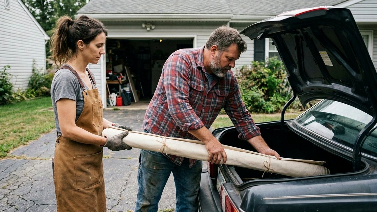 Owner and younger colleague loading rolled banner into car trunk