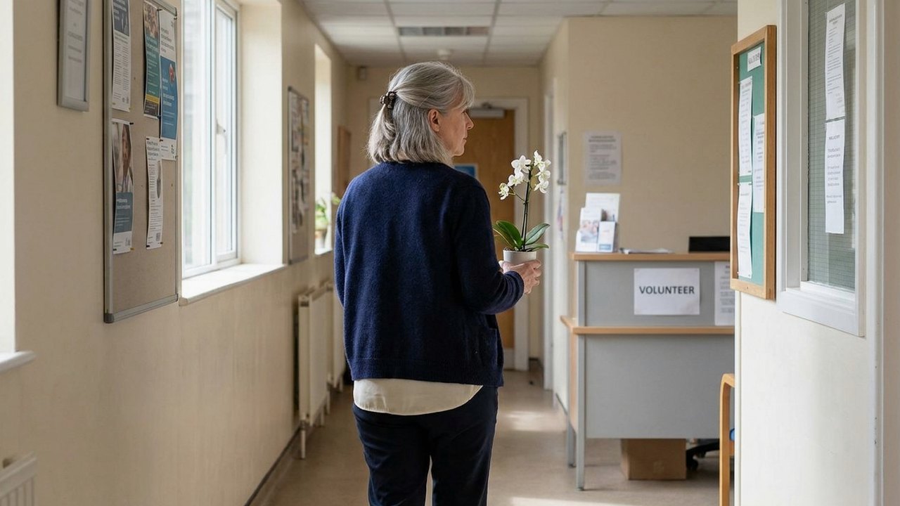 Gray-haired woman carrying a potted orchid down a sunlit clinic hallway