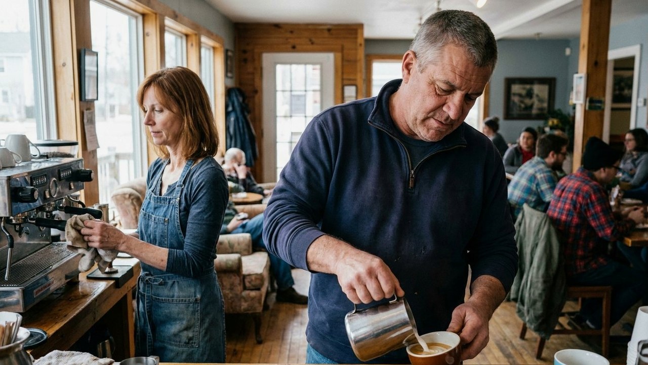 Couple in their fifties working behind their coffee shop counter