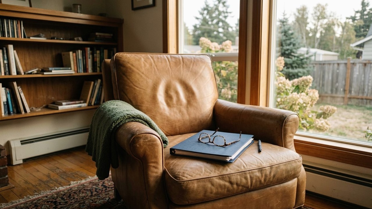 Leather reading chair holding a folder of statements and glasses