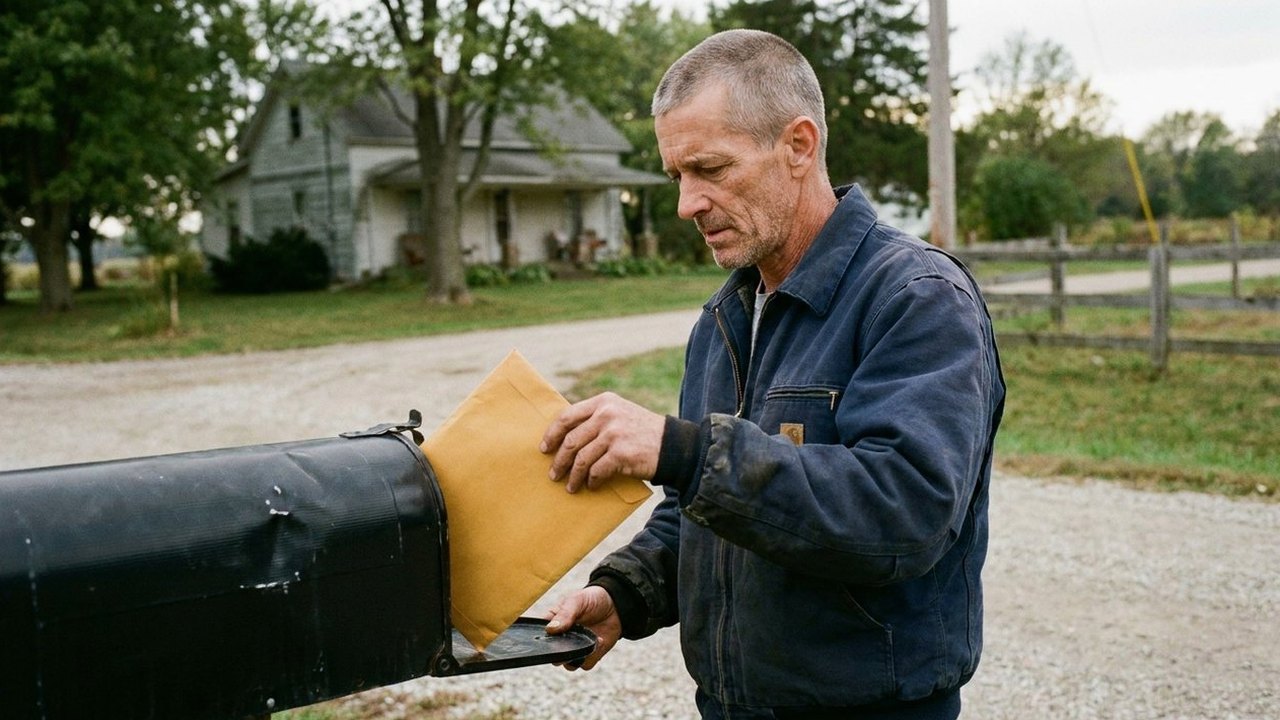 Man in work jacket pulling an envelope from a driveway mailbox