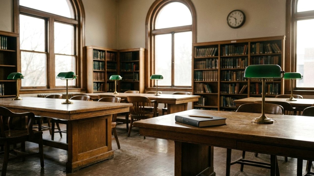 Empty library reading room with oak tables, lamps and wall clock